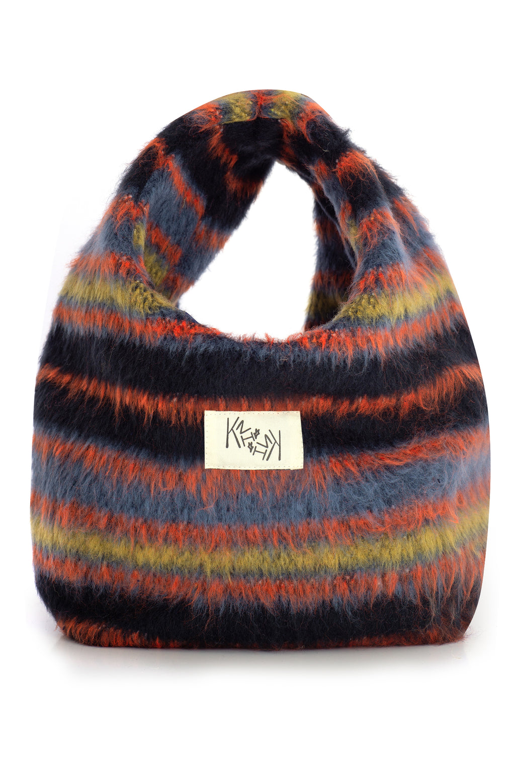 Multicolored striped handbag with a brand label on a white background