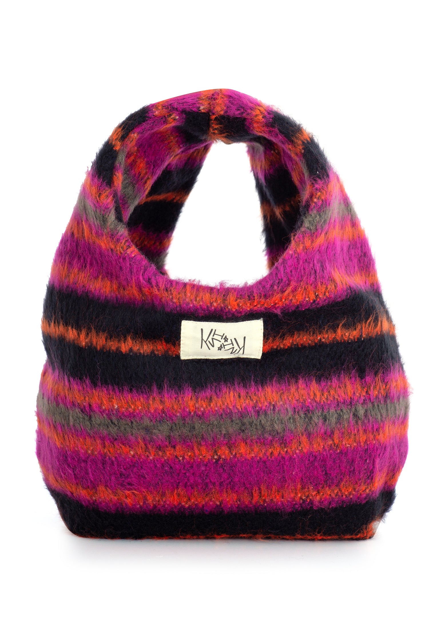 Striped handbag with a visible brand label on a white background