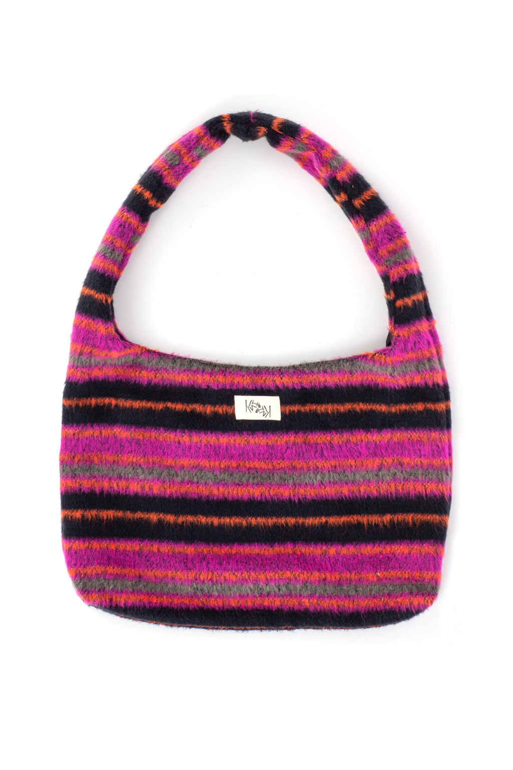 Striped handbag with a visible brand label on a white background