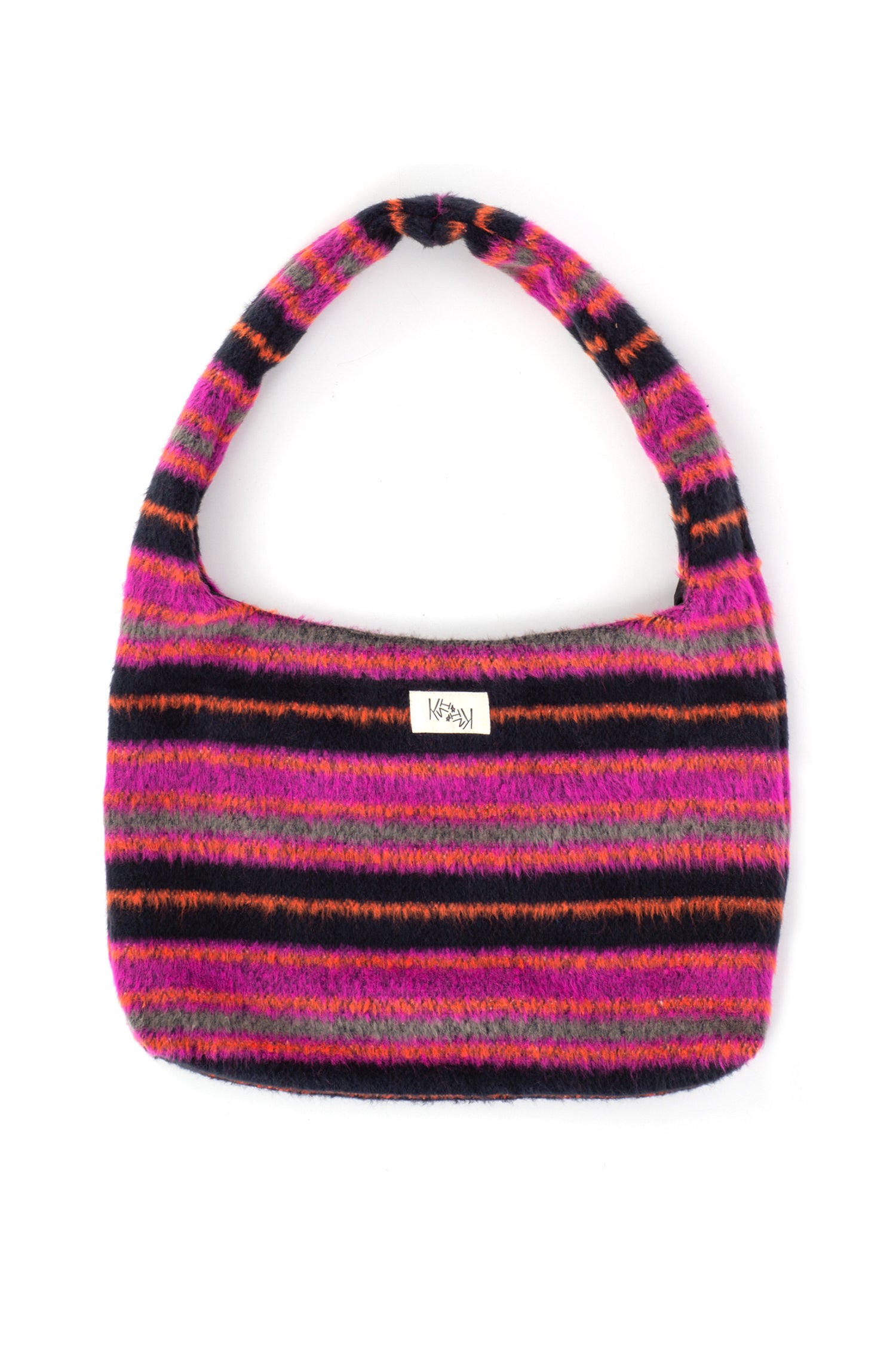 Striped handbag with a visible brand label on a white background